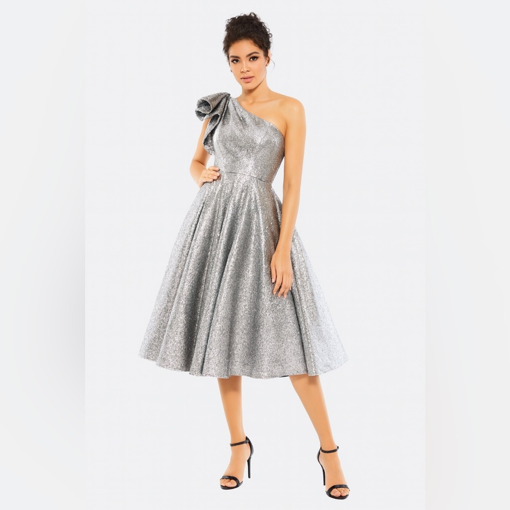 NWT $498 MAC DUGGAL Silver One Shoulder Bow Midi Dress SILVER BROCADE Pockets